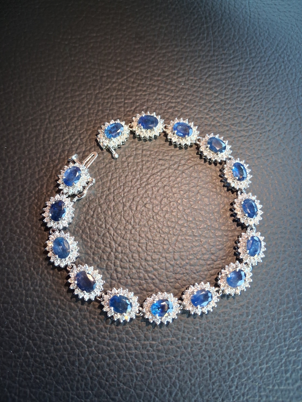 14K White Gold Natural Sapphire & Diamond HALO Bracelet 19 CTW AIG Appraised